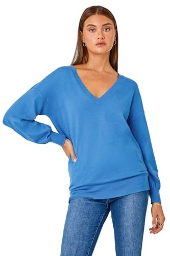 Roman Originals V-Neck Jumper for Women UK Ladies Boyfriend Fit Slouch Sweater Winter Autumn Textured Casual Flattering Knit Pullover Knitwear Daywear Lightweight Lounge - Blue - Size 18