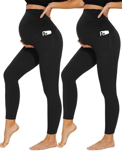 DDOBB 2 Pack Maternity Leggings Over Bump with Pockets High Waist Black Soft Belly Support Stretchy Pregnancy Pants Yoga Workout Pajama Trousers