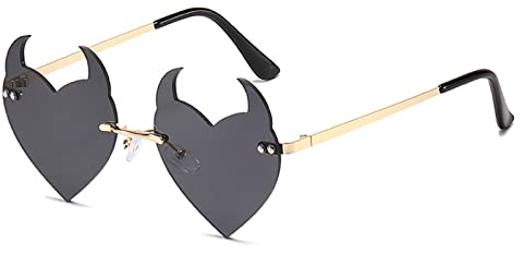 Teufelsherz Sonnenbrille Randlose Teufelshorn Sonnenbrille Halloween Teufelsbrille Party Lustige Brille Halloween Party Brille Halloween Party Brille für Erwachsene, Goldener Rahmen, komplett grau