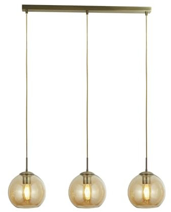 Licht-Erlebnisse Pendelleuchte Glas Metall B: 86 cm H: max. 1,5 m verstellbar in Messing Antik Bernstein 3-flammig E27 Retro Hängeleuchte Esszimmer Hängelampe