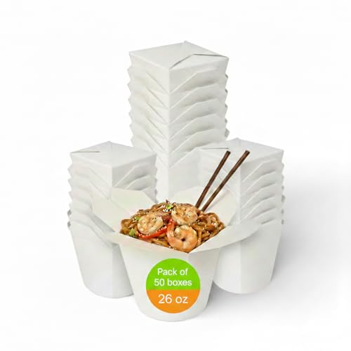 50 X 26oz (750ml) White Round Noodle Boxes | Disposable Takeaway Food Containers for Chinese, Asian Cuisine, Pasta & Rice | Leakproof, Microwavable, Grease-Resistant Paper Food Pots