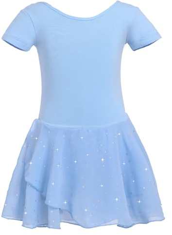 zffriction Ragazza Vestito da Balletto Balletto Leotard Vestito Danza Tutu Body Ginnastica Cotone Manica Corta con Chiffon Gonna per Ragazze(Blu,100)