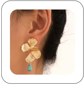 Xduargs Boho Turquoise Leaf Drop Earrings Vintage Turquoise Leaf Earrings Gold Leaf Flower Earrings Blue Turquoise Bead Earrings Jewelry for Women and Girls
