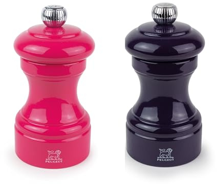PEUGEOT Bistro Salz- und Pfeffermühlen-Set – Rosa/Aubergine, 2 Stück | 10,2 cm große Buchenholzmühlen mit einstellbarer Mahlsteuerung für Pfefferkörner und Steinsalz, manuelle Gewürzmühlen zum