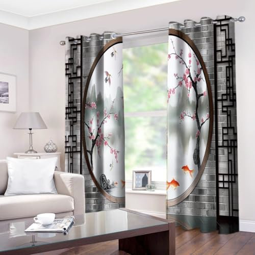 XCQHZYQ Lot de 2 Rideau Occultant Thermique Isolant Anti Froid et Chaleur Mur De Fond De Style Chinois, Rideau Opaque à Oeillets Isolation L140 x H175 cm, pour Salon