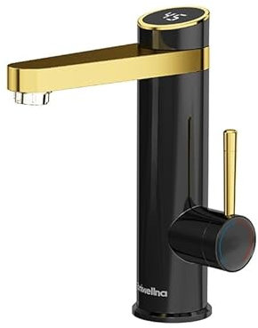 Briwellna Electric Instant Hot Water Bathroom Faucet, 220V Tankless Heater Taps, 120 Degree Rotatable Cold and Hot Water Tap with Digital Display for Home Indoor (Black Gold)