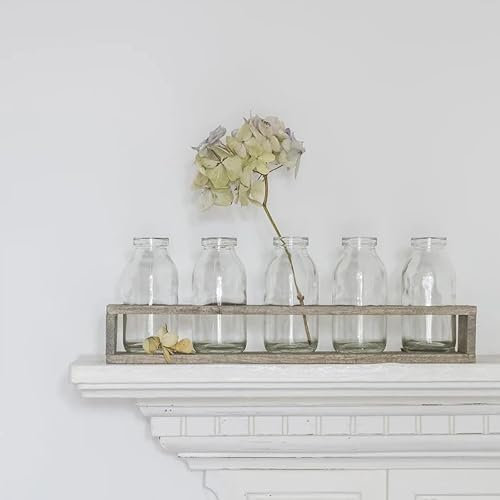 Wood Tray with 5 Clear Glass Mini Bottles, Mini Glass Bud Vases, Bottle Table Rack Display, Wedding Table Centrepiece, Glass Bottle Vases on a Wooden Rack, Small Table Flower Display Vase
