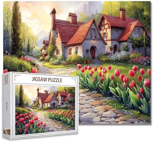 Tucocoo 1000-teiliges Puzzle für Erwachsene, Frühlingsdorf-Szene, Puzzle, Tulpen, Blumen, Sonnenuntergang, Landschaft, Aquarell-Kunst-Puzzles für anspruchsvolle Familienaktivitäten, buntes DIY-Puzzle