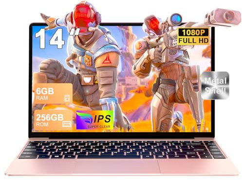 NOTODD 2025 Laptop 14 Zoll Win11 6GB+256GB SSD Unterstützung 1TB Notebook Celeron N4020 (bis 2.8GHz) 1920x1080p WiFi5G BT4.2 Deutscher Tastaturschutz und kabellose Maus-Gold