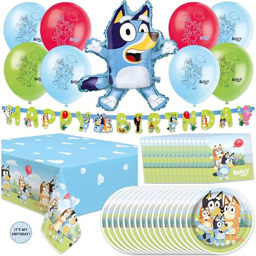 Decoraciones de cumpleaños Bluey | Sirve para 16 | Decoraciones de fiesta Bluey | Globos, pancarta, mantel, platos y servilletas, calcomanía | Producto oficial