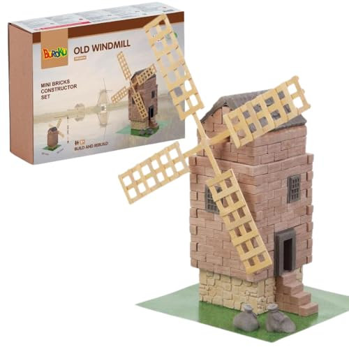 Buroku Mittelalterliches Bau-Set, 350 Teile, realistische Windmühle, Steinsteine, fördert das Stem-Lernen und die motorischen Fähigkeiten, für Kinder und Erwachsene, inklusive Kleber