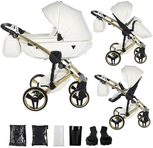 Junama Kinderwagen Diamond Fluo Individual 2in1 3in1 4in1 (17 - Weiß und Gold, 2in1 mit Adaptern)