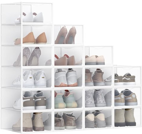 SONGMICS Schuhboxen, Schuh-Organizer aus Kunststoff, mit Tür, durchsichtig, 18er Set, stapelbar, einfache Montage, 33,2 x 23 x 14,5 cm, für Schuhe bis Größe 43, transparent-wolkenweiß LSP318W01