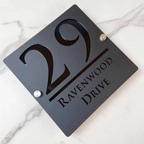 Letrero de número de casa de suspendido hueca 3D acrílico personalizado con nombre de calle fuente moderna | Señal de dirección de tienda placa puerta (negro negro)