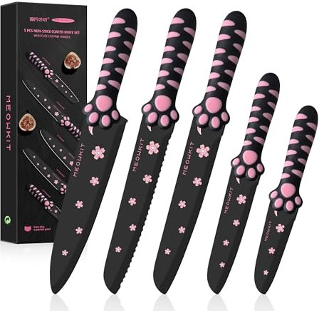MEOWKIT 5 Pieces Black&Pink Non-Stick Coated Kitchen Knife Set Professional Chef Knife Set with Non-Slip Handles for Chopping, Slicing, Dicing