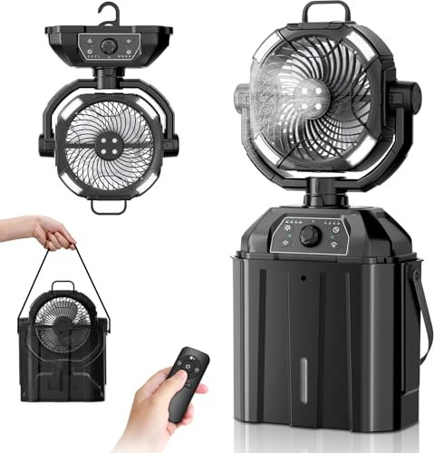 WYRJXYB Ventilateur brumisateur portable de 6 L pour terrasses extérieures, ventilateur de camping à piles rechargeables 20 000 mAh, 4 prises de pulvérisation et lanterne LED, ventilateur de