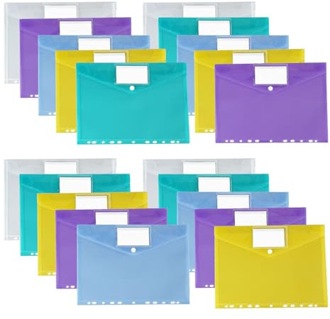 Jortmrd 20 Stück Dokumentenmappe A4 zum Abheften, 5 Farben Dokumententasche A4 mit 11 Lochrand Druckknopf und Etikettentasche - Wasserdicht Transparent Sammelmappen für Dokumente Organisieren