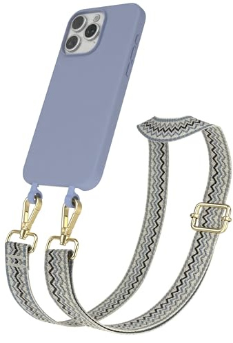 EAZY CASE - Hülle mit Band kompatibel mit iPhone 15 Pro Max Handyhülle für iPhone 15 Pro Max Schutzhülle Silikonhülle mit Handykette zum Umhängen 2in1 Hülle Handykordel Wellen - Beige Blau Metall Gold