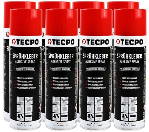 TECPO Lot de 8 tubes de colle en spray 500 ml - Colle industrielle forte adhérence - Séchage rapide - Résistance aux températures élevées - Polyvalent pour textiles, cuir, mousses, matériaux isolants