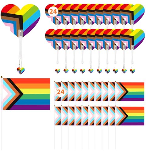 MOUNTCLIM 48 PCS Pride Party Decorations - 24 Handheld Rainbow Fans and 24 Mini Pride Flags for LGBT Festivals Parades and Celebrations
