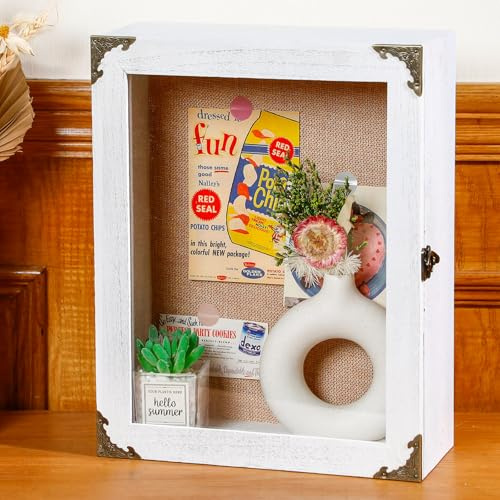 Cinnvoice Schattenboxen, Vitrinen, extra tief, 27,9 x 35,6 cm, Tiefe 11,9 cm, mit Korkrückseite, rustikale Holzkiste für Blumenstrauß, Hochzeitsbild, Foto und Andenken (weiß)