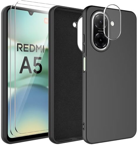 WQRTYJK Kompatibel mit Xiaomi Redmi A5 Hülle mit 2 Stück Schutzfolie und 1 Stück Kameraobjektivschutz, Soft Mikrofaserfutter Handyhülle Kratzfest stoßfeste Schutz Case - Schwarz
