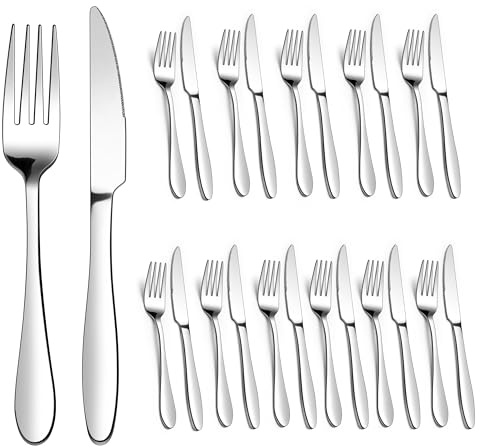 Homikit 24-teilig Edelstahl Steakbesteck Set, Oval Griff | Steakmesser und Steakgabel für 12 Personen, Hochglanzpoliert Silber, für Haus Restaurant Hotel, Rostfrei, Spülmaschinenfest