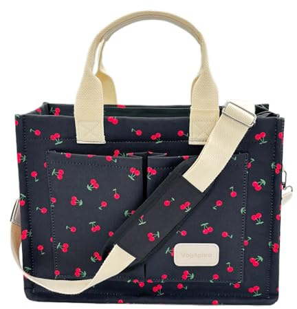 VogAphro Große Canvas-Tragetasche für Damen, Arbeitstasche mit Taschen, Laptop, Umhängetasche, Alltagstasche, Handtaschen für Reisen, New Upgrade Plus Cherry Black, X-Large