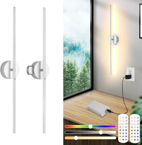 Applique Murale Intérieure Sans Fil Lot De 2, Lampe Murale Rechargeable USB Avec Télécommande Et Interrupteur Tactile, 8000mah Pile Amovible, LED Dimmable, 15 color, Rotation 360°, Timer, Nickel 100CM