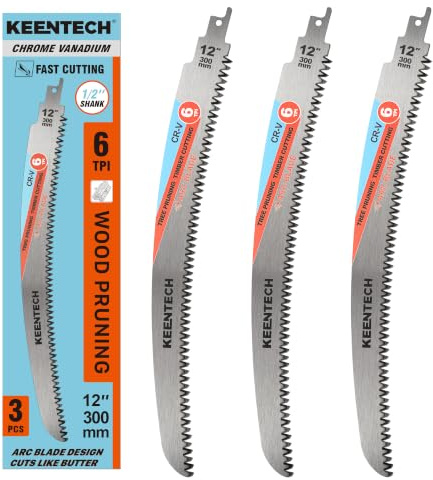 KEENTECH 300mm Arc-Shaped Reciprocating Saw Blades for Wood Cutting & Tree Pruning, Cr-V Steel, 6 TPI Triple-Ground Japanese Teeth for Ultra-Fast Wood Cutting, Fits Most Reciprocating Saws, 3-Pack