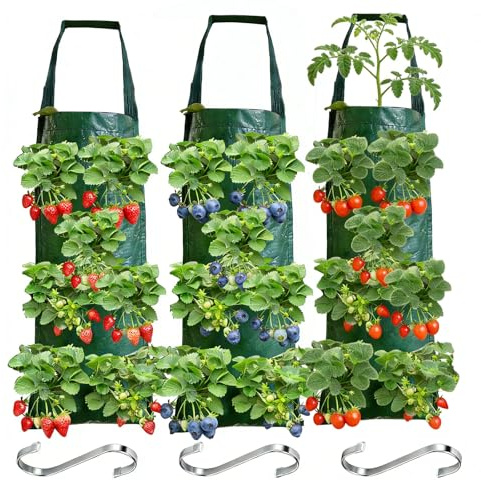 3 Stück Pflanzbeutel für Erdbeeren, zum Aufhängen, mit 8 Löchern + 3 Haken des Typs S, Gemüsebeeren, für Gemüse und Blumen