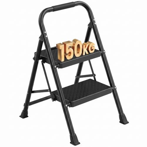 SONGMICS Escabeau en Acier, Marchepied Pliant à 2 Marches, Charge 150 kg | Charge Maximale 150 kg, pour Maison, Bureau, Jardin, 88 x 45,5 x 7,5 cm, Noir, Collection BRODY GSL202BZ01