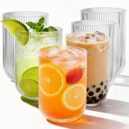 Yirilan Drinking Glasses Set of 6 410ml Clear | Origami ribbed drinking glasses, lead-free glass, dishwasher safe. Elegant for cocktails, juice & tea. Great for home bar.