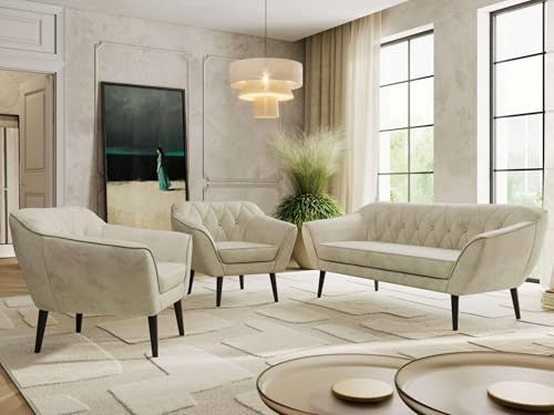 MKS MEBLE Sofagarnitur PIRS 3 + 1 + 1 - Couchgarnitur im skandinavischen Design, Gesteppte Polsterung, Wellenfederung, Wohnzimmer Sofa Set - Schwarze Beine, Beige Velvet