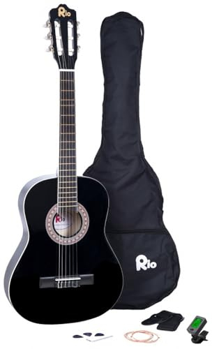 Rio Black 39 Inches 4/4 Full Size Acoustic Nylon Classical String Guitar Package Pack - New (Black)