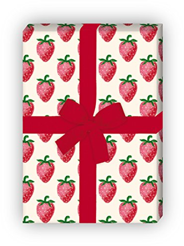 Kartenkaufrausch 4 Bögen - Leckeres Sommer Geschenkpapier Set mit Erdbeeren als edle Geschenk Verpackung, Musterpapier, Dekorpapier zum basteln 32 x 48cm, auf gelb