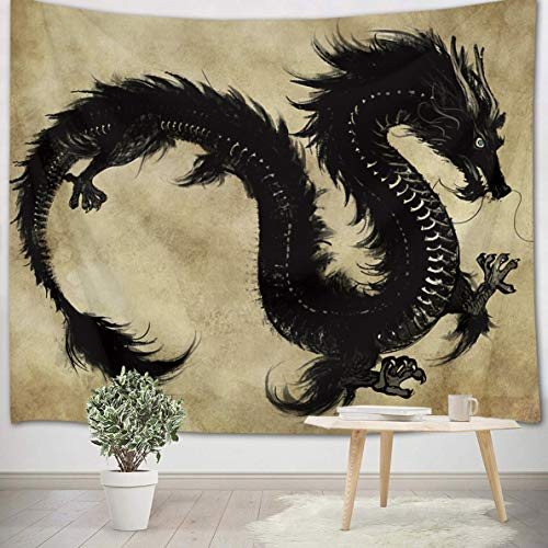 LB Dragon Tapisserie Noir Animal Légendaire Ancien Chinois Tenture Murale pour Salon Chambre Dortoir Murale Décoration,Fête Contexte,200x150cm