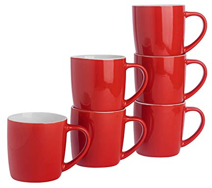 Argon Tableware Coloured Coffee Mugs - Red - 350ml - Pack of 6 - Gloss Ceramic Stoneware Latte Cappuccino Cups Hot Chocolate Cups Colourful Mug Set with Handle