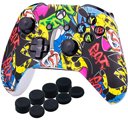 YoRHa Printing Rubber Silicone Cover Skin Case for Xbox One S/X Controller x 1(Comic Skull) With PRO Thumb Grips x 8