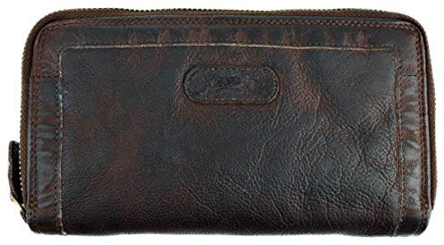 Damen-Geldbörse gewaschenes Leder Büffelleder Portemonnaie Doppelreißverschluss Used Look Vintage Geldbeutel L255 Dunkel-Braun