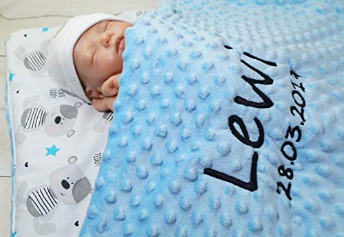 Generisch Babydecke mit Namen und Datum Bestickt Minky Baumwolle Füllung (Hellblau - Teddybären)