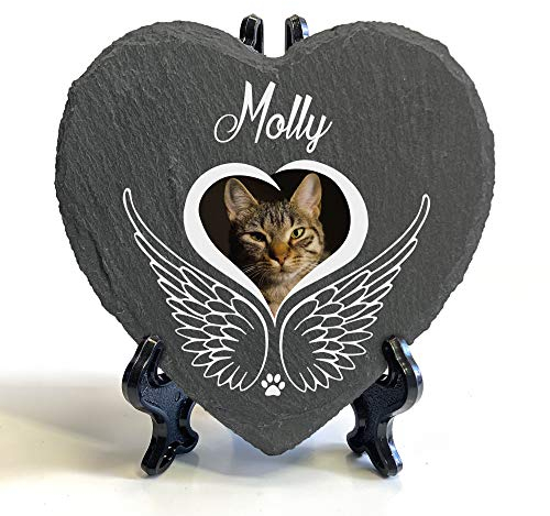 Individueller Personalisiert Herzform Tiergrabstein Schiefer Gedenkstein + Ständer für Hund, Katze und andere Haustiere Tiere - Größe | 10 x 10 cm | - Engelsflügel