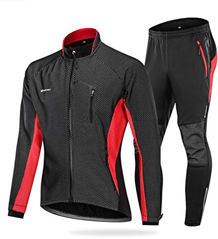 NUCKILY Herren Fahrradbekleidung Set Winddicht Thermo Fleece Winterjacke MTB Bekleidung Rennrad Fahrrad Trikot Langarm und Fahrradhose mit 3D Sitzpolster (ME020 Rot, S)