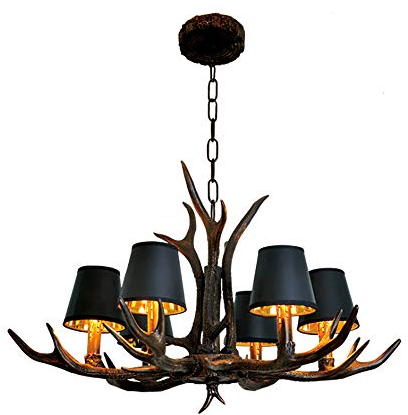 Geweih Kronleuchter Lampe Glanz Antike Schlafzimmer Pendelleuchte Harz und Schwarzer Stoff Lampenschirm Decke Kronleuchter Korridor Vintage Stil Harz Horn Horn E14 × 6 Lichter Dekoration Esstisch