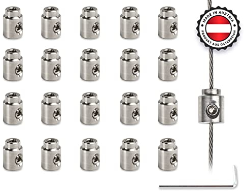 SCHILDER Systeme 20 Stück Edelstahl-Seilklemmen | Länge: 10 mm | Ø 8 mm |Drahtseilklemme für Seile bis Ø 2 mm | Höhenverstellbar| schnelle einfache Montage