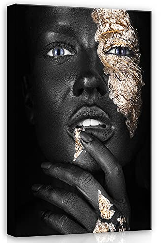 WallArena - Leinwand Bilder - Frau Schwarz Gold Goldene Lippen - 60x40 cm Leinwandbilder - Bild auf leinwand - Wandbild XXL groß Wandbilder für Wohnzimmer Schlafzimmer Wohnzimmerbilder Modern