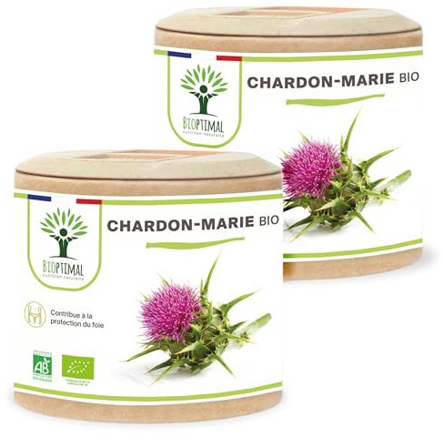 Chardon Marie Bio - Bioptimal - Complément Alimentaire - Dépuratif Naturel Détox Foie Digestion - 100% Pur - Silymarine Silybine - 300mg / Gélule - Fabriqué en France - Certifié Ecocert - 2x60 gélules