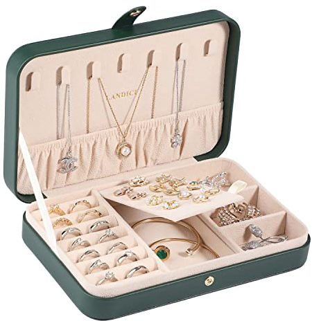 LANDICI Jewellery Box Small Organiser for Women Girls PU Leather Travel Storage Case Portable Holder for Ring Earrings Necklace Bracelet Gift Box Blackish Green