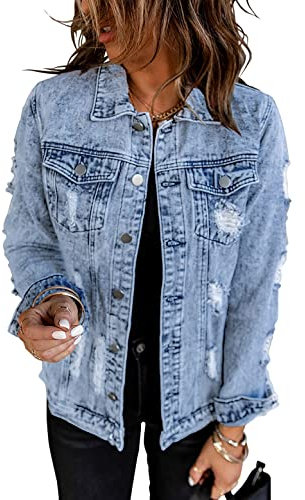 Necooer Long Sleeve Denim Jacket Cropped Denim Jacket With Fringes For Women Authentics Denim Jacket