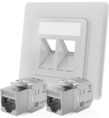 hb-digital 2-Port CAT 8 Netzwerkdose unterputz RAL9003 + 2X GHMT zertifiziertes CAT 8 Keystone RJ45 Modul LAN Ethernet Keystone Dose Buchse Einbaubuchse max. 40 Gbit/s STP - Signalweiß